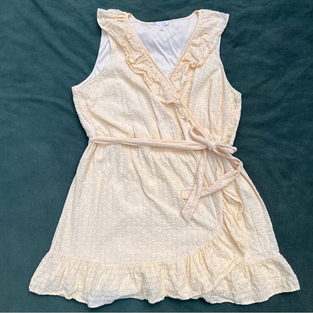 Butter Yellow Eyelet Faux Wrap Dress with Ruffles